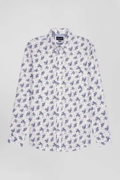 Regular ecru cotton poplin shirt with navy floral print