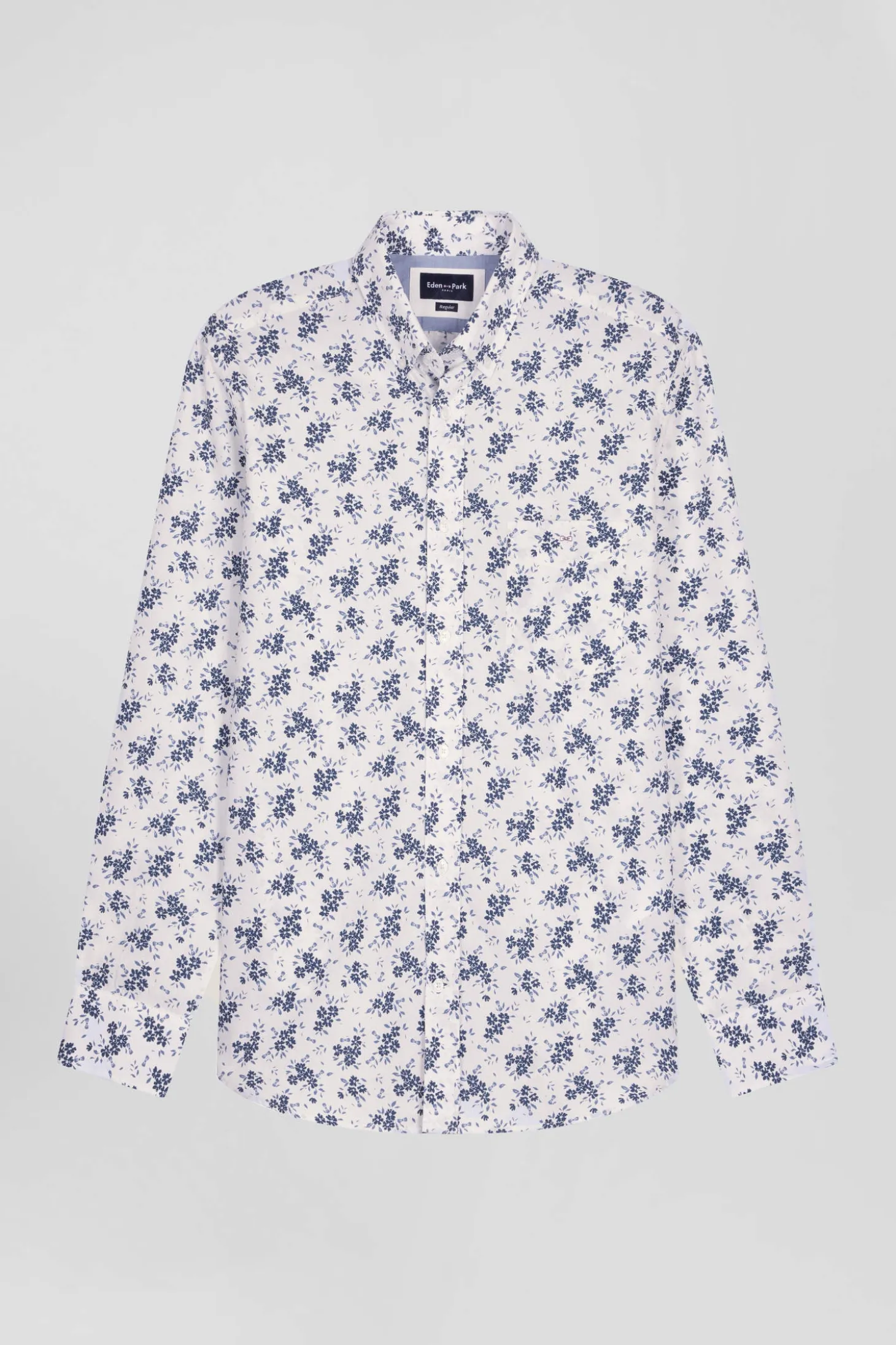 Regular ecru cotton poplin shirt with navy floral print