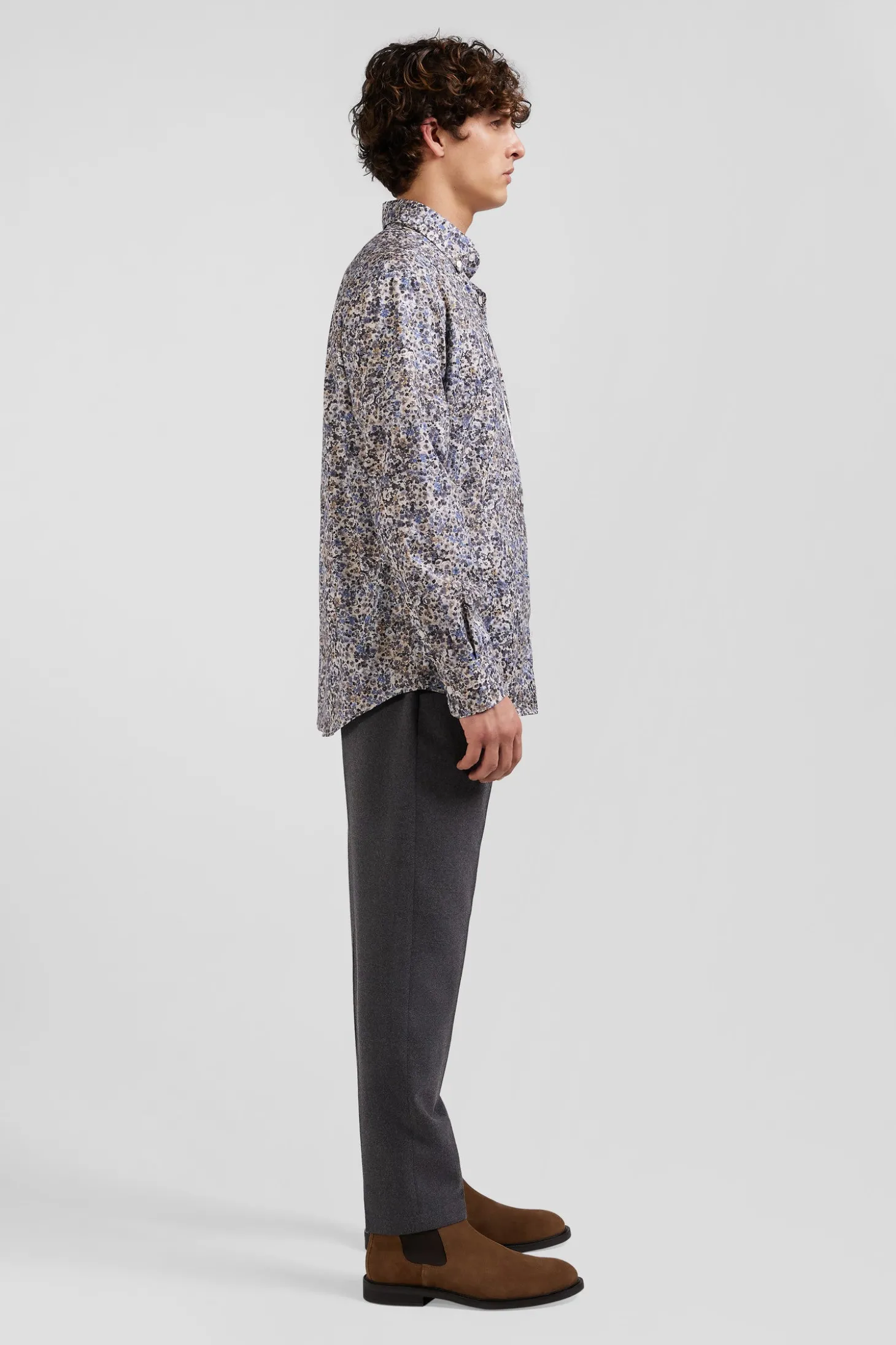 Regular ecru cotton poplin shirt with micro floral print