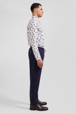 Regular ecru cotton poplin shirt with navy floral print
