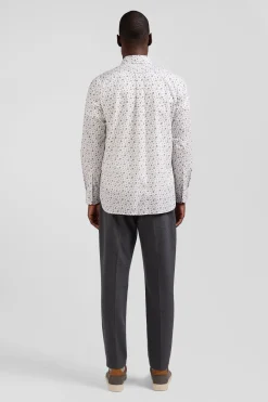 Regular ecru cotton poplin shirt with micro floral print