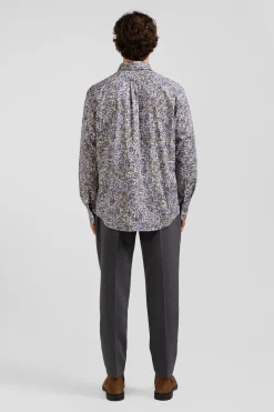 Regular ecru cotton poplin shirt with micro floral print