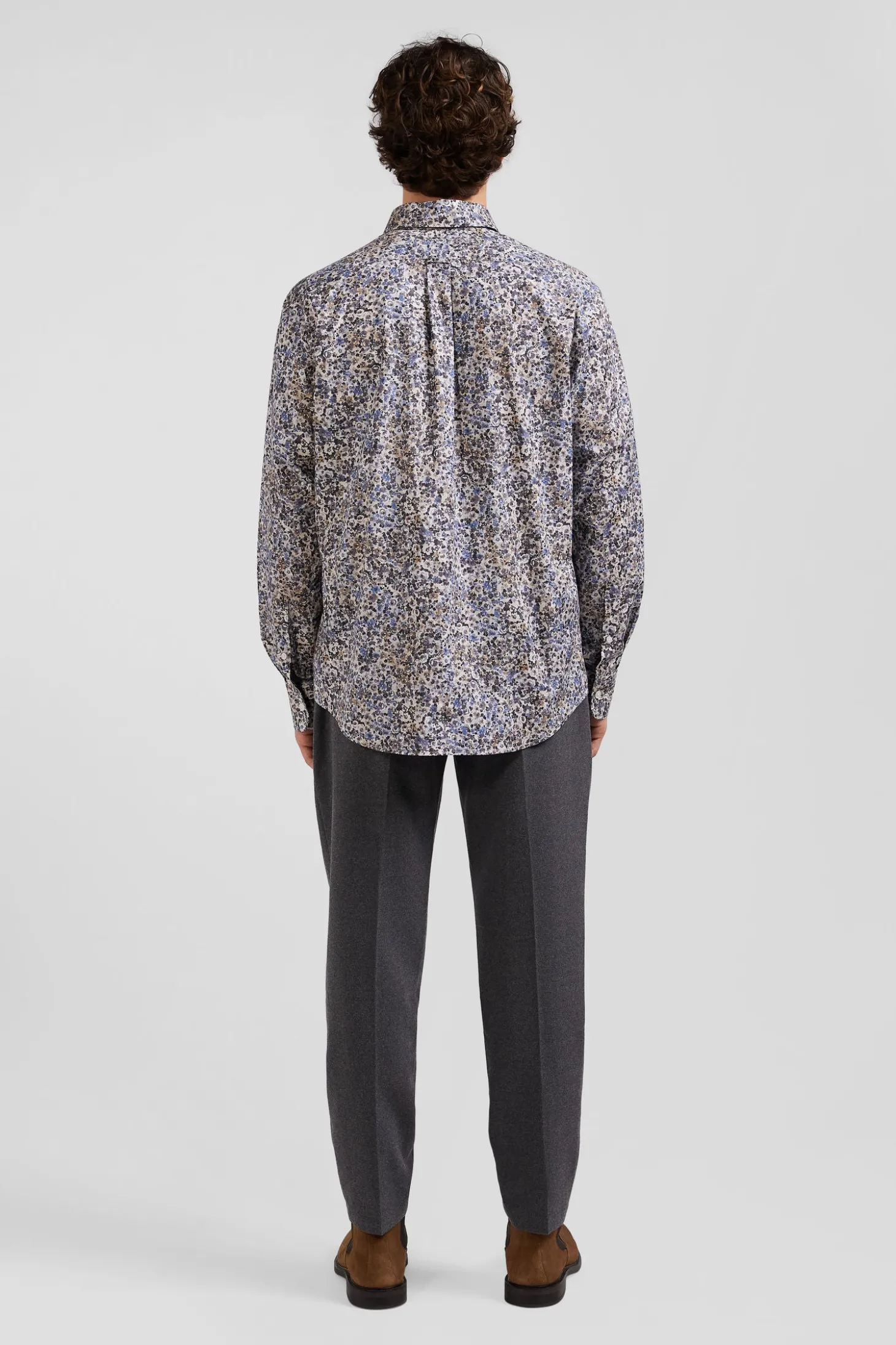Regular ecru cotton poplin shirt with micro floral print