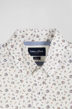 Regular ecru cotton poplin shirt with micro floral print