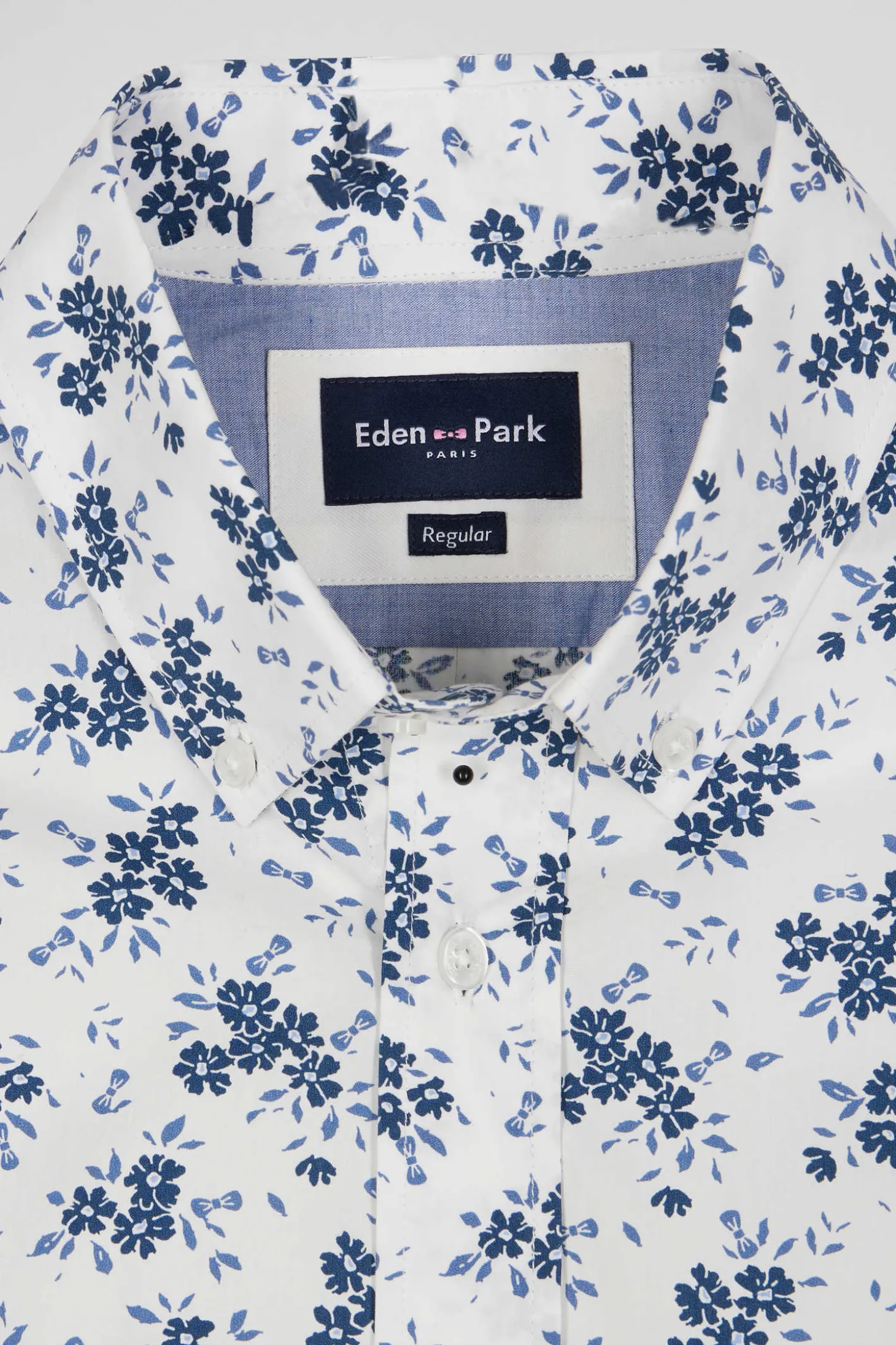Regular ecru cotton poplin shirt with navy floral print