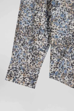 Regular ecru cotton poplin shirt with micro floral print
