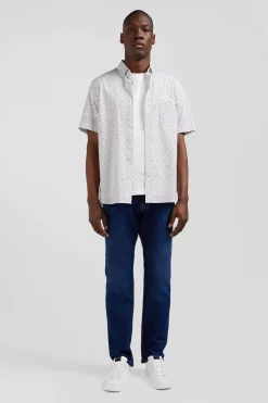 Regular ecru cotton short-sleeved shirt with microprint