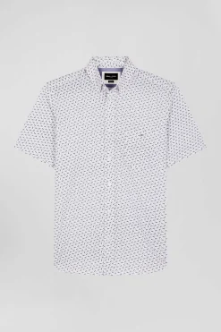 Regular ecru cotton short-sleeved shirt with microprint