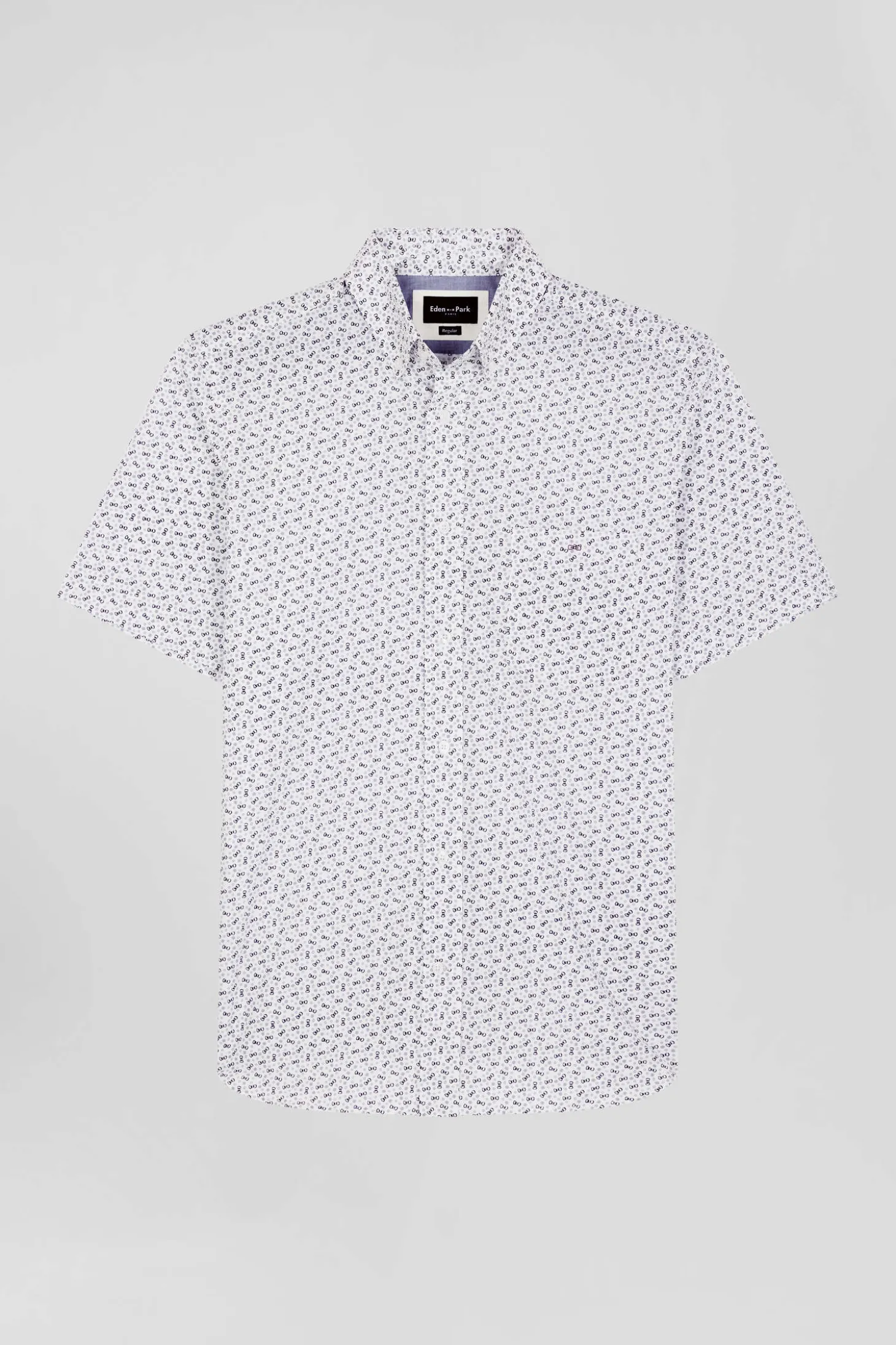 Regular ecru cotton short-sleeved shirt with microprint