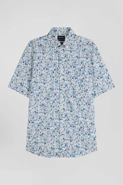 Regular ecru cotton short-sleeved shirt with micro floral print