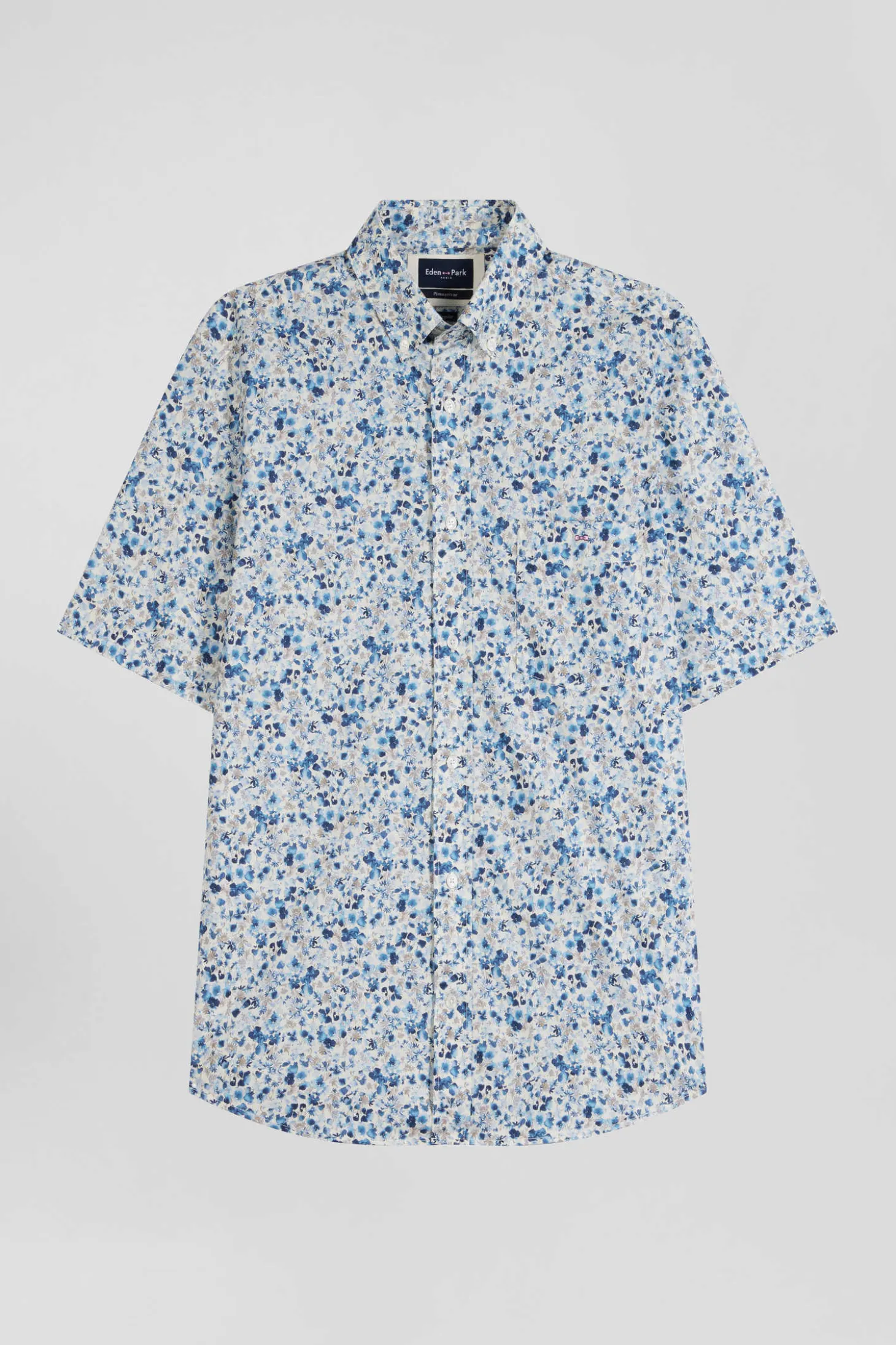 Regular ecru cotton short-sleeved shirt with micro floral print
