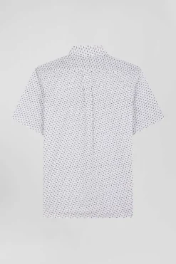 Regular ecru cotton short-sleeved shirt with microprint
