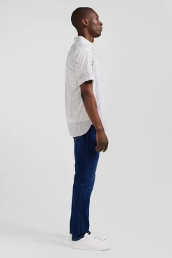 Regular ecru cotton short-sleeved shirt with microprint
