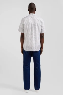 Regular ecru cotton short-sleeved shirt with microprint