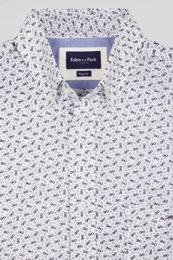 Regular ecru cotton short-sleeved shirt with microprint