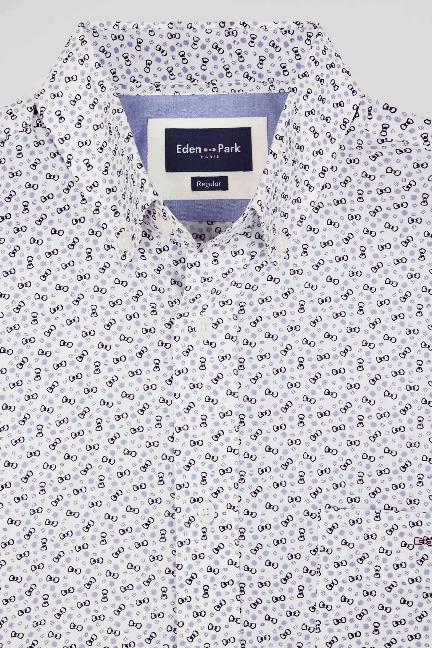 Regular ecru cotton short-sleeved shirt with microprint