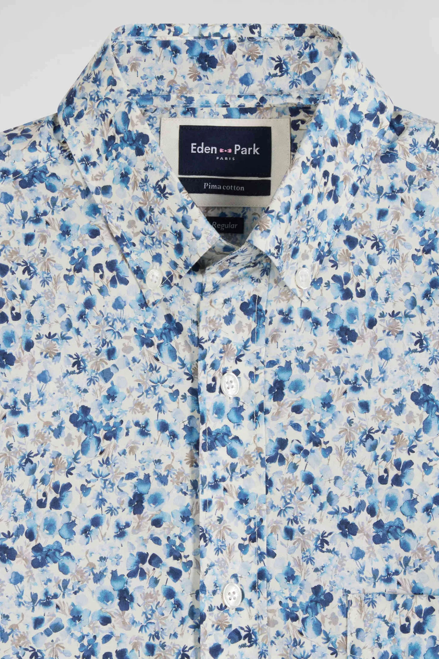 Regular ecru cotton short-sleeved shirt with micro floral print