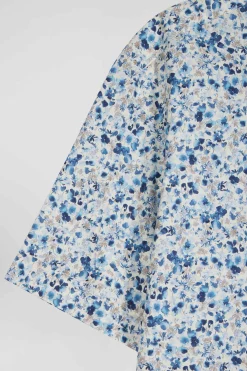 Regular ecru cotton short-sleeved shirt with micro floral print