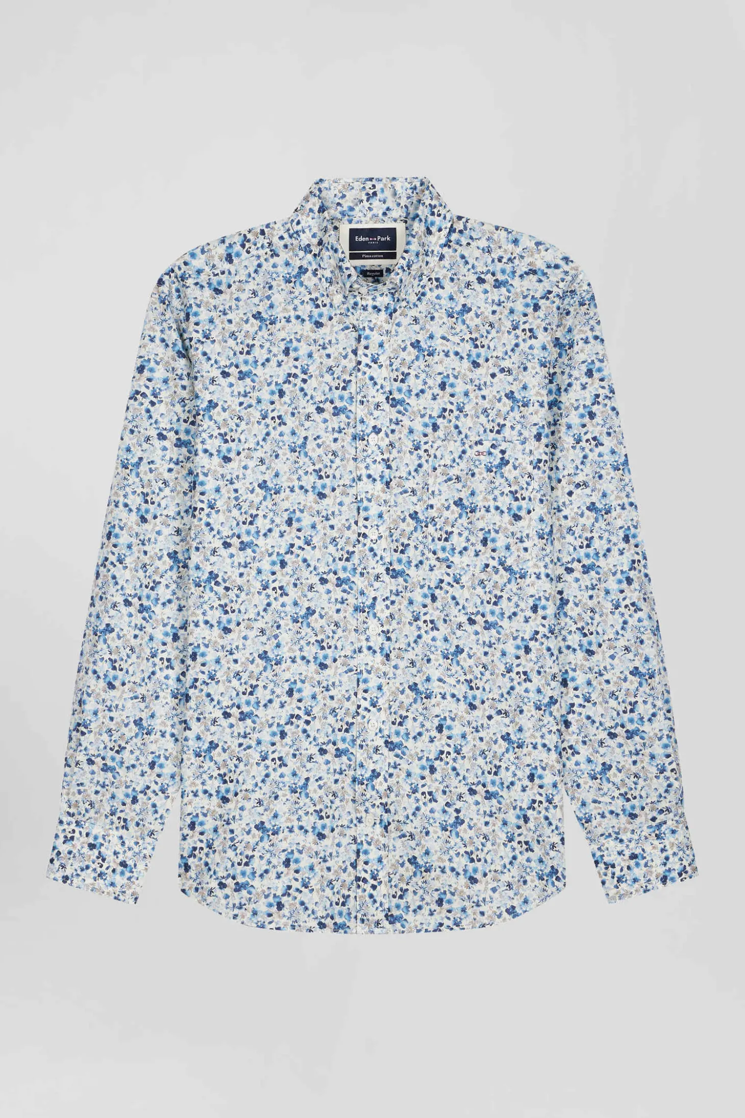 Regular ecru Pima cotton poplin shirt micro floral print