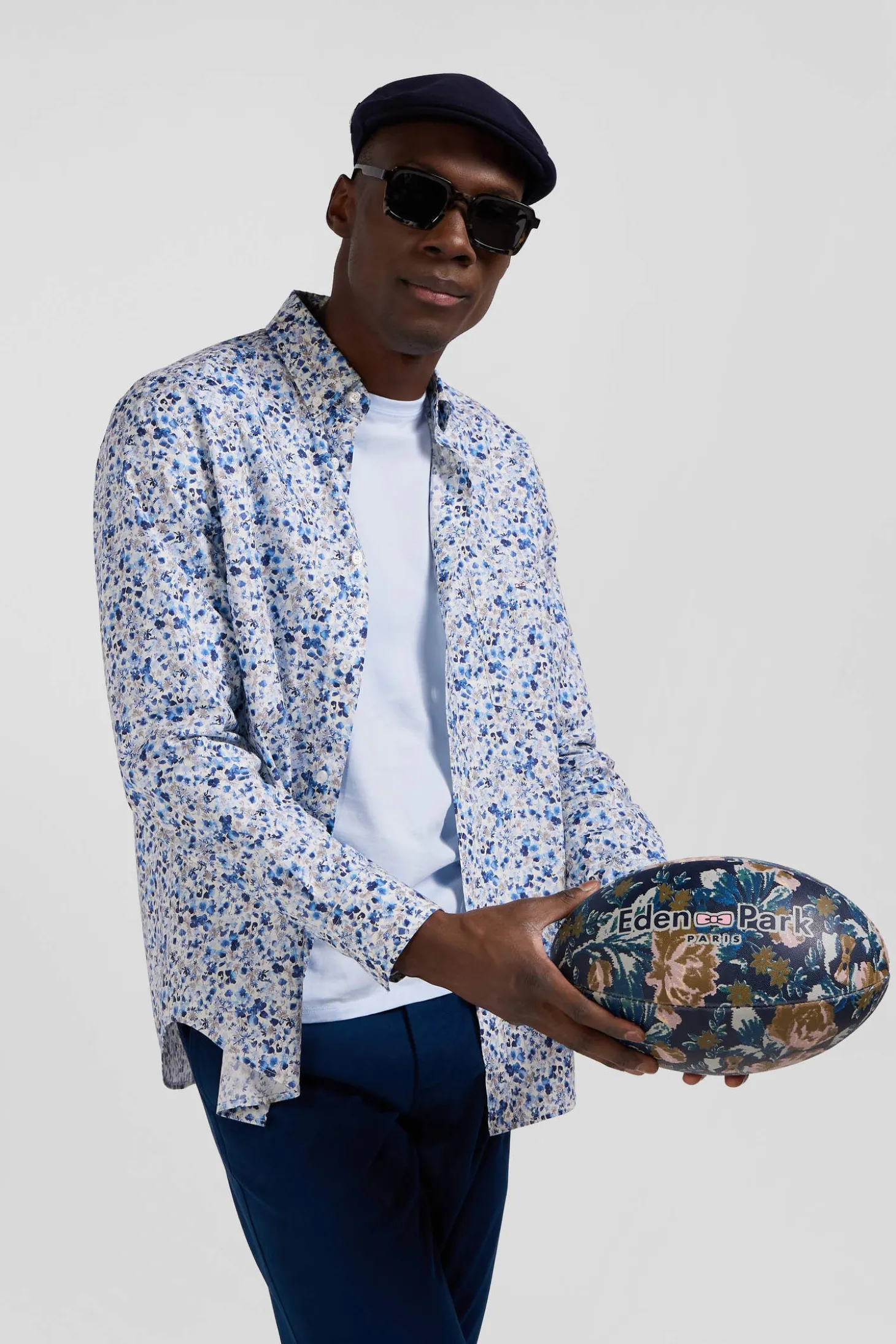 Regular ecru Pima cotton poplin shirt micro floral print