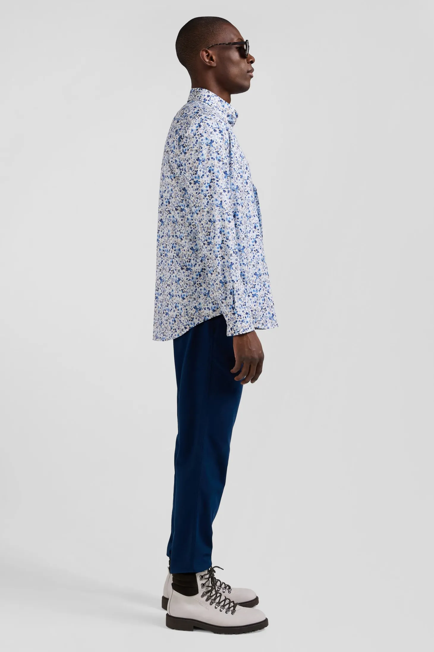 Regular ecru Pima cotton poplin shirt micro floral print