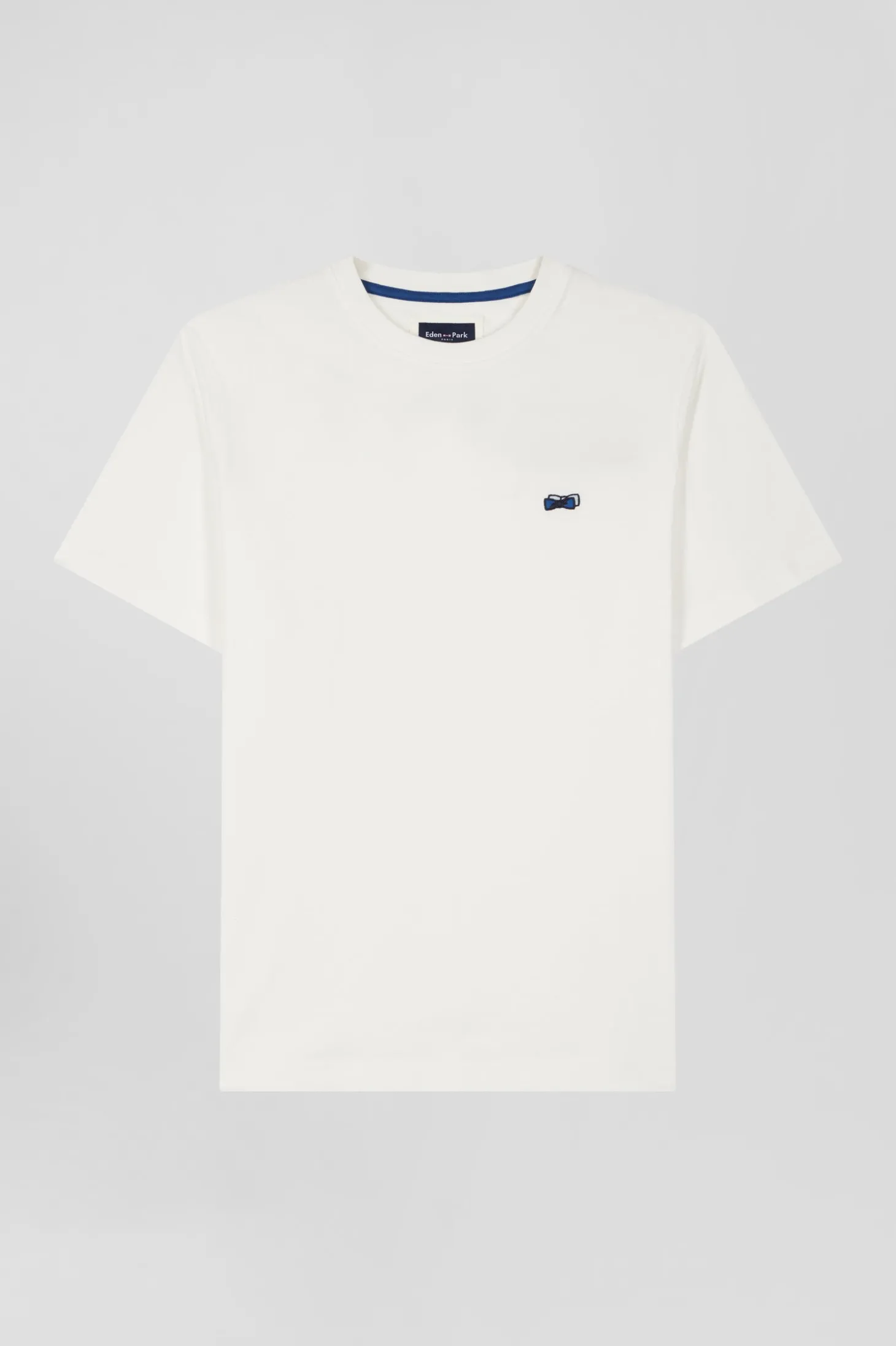 Regular ecru short-sleeved cotton T-shirt with back embroidery