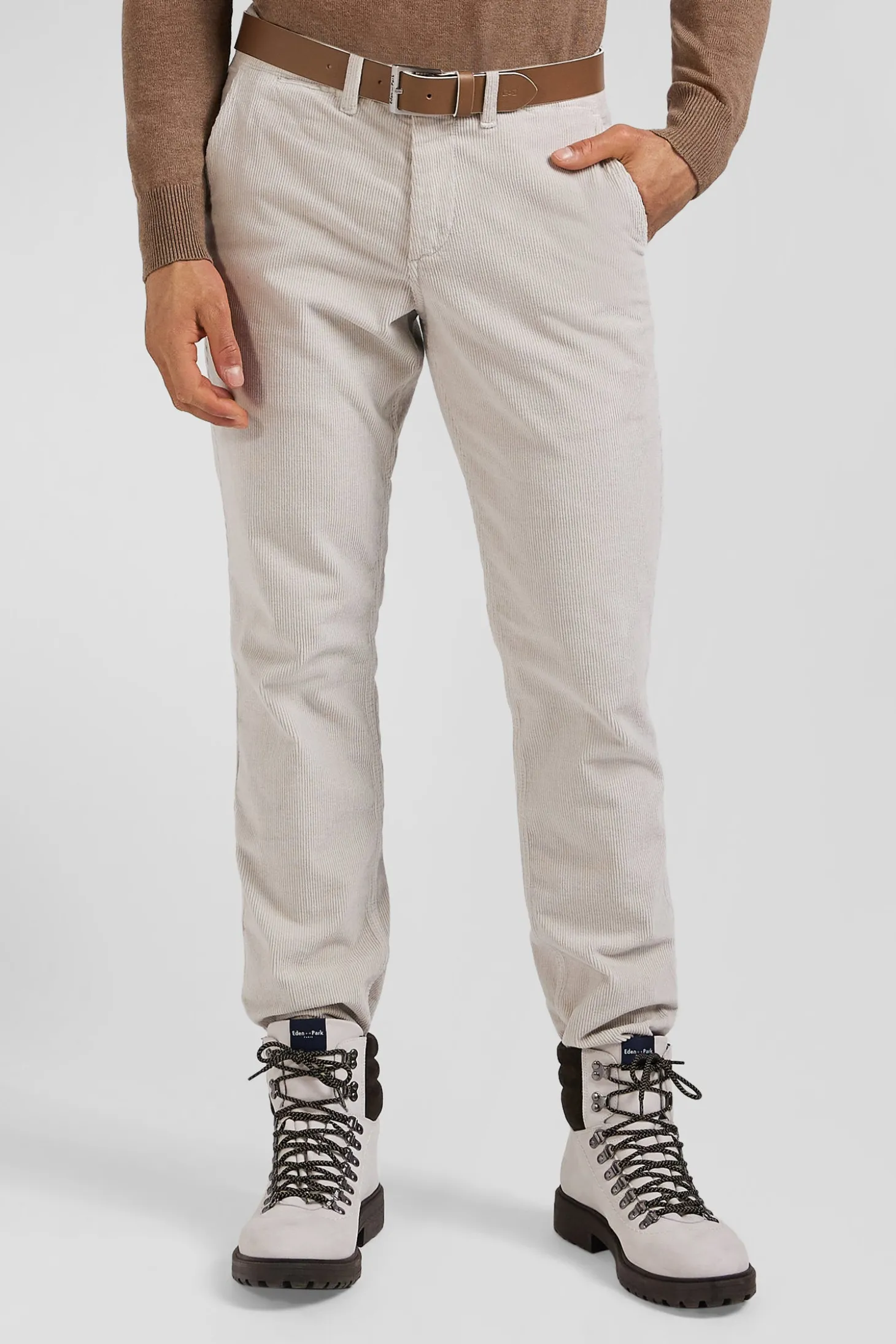 Regular ecru stretch cotton velvet chino trousers