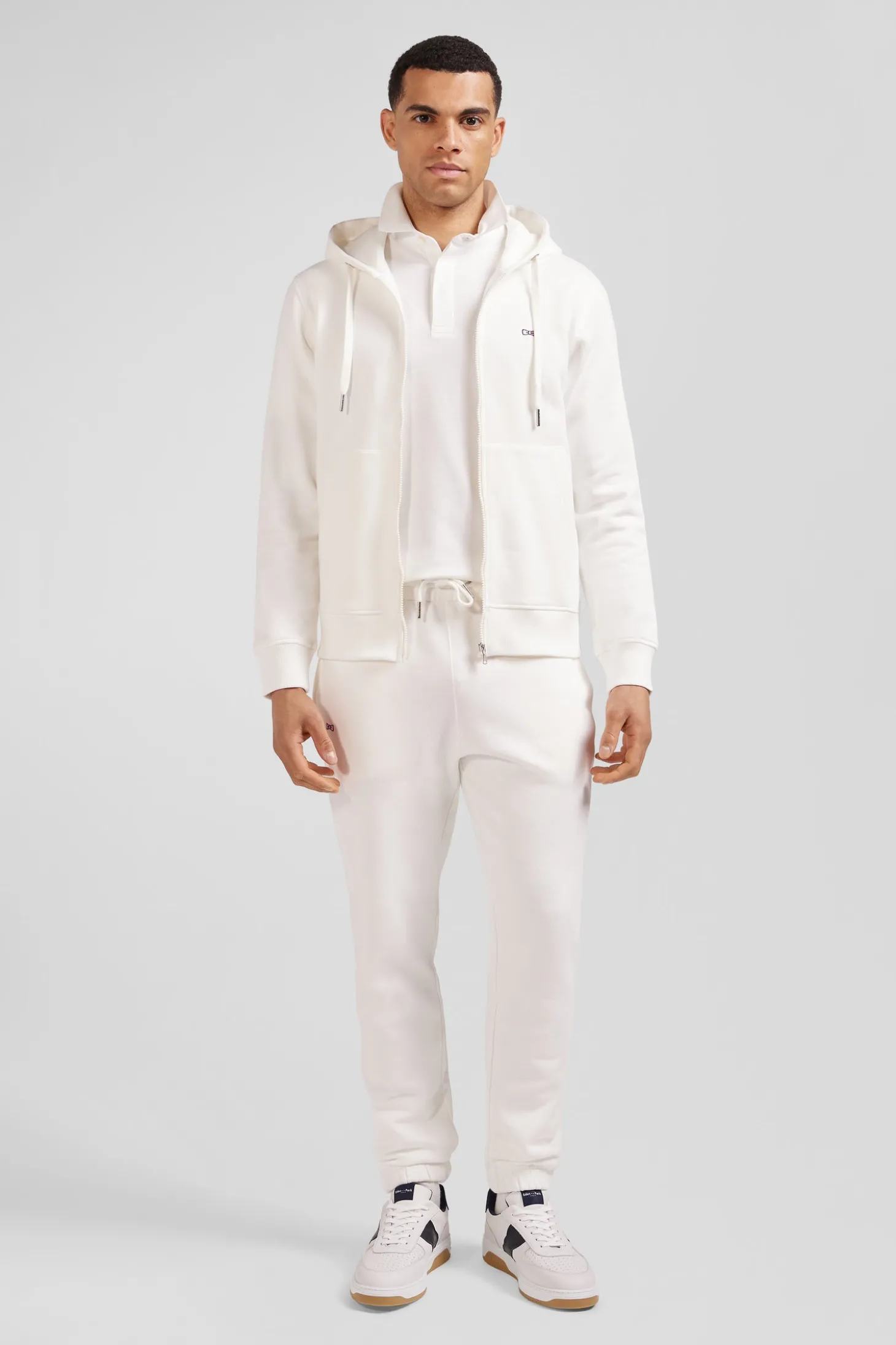 Regular ecru zipped brushed cotton fleece hoodie