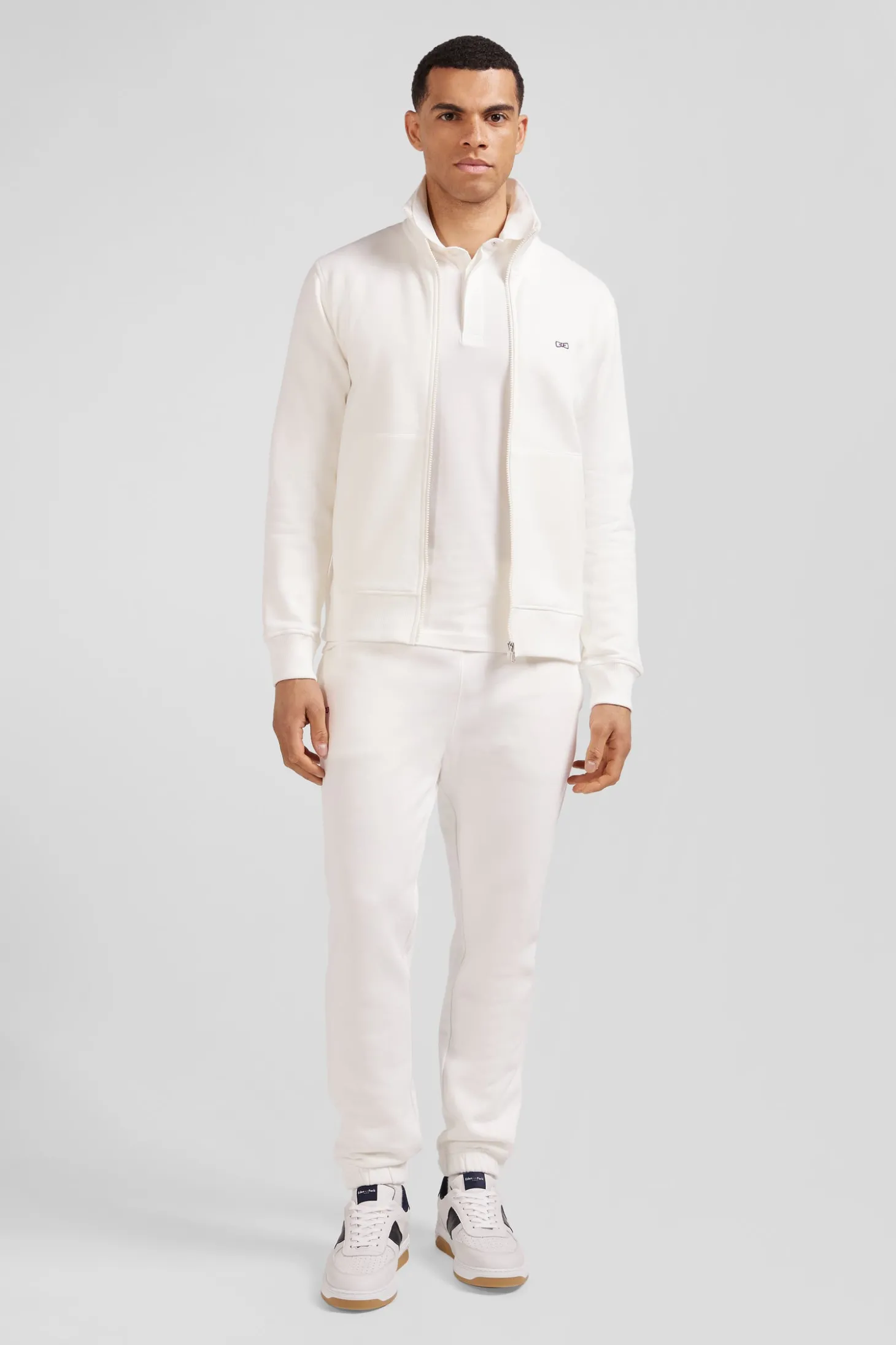 Regular ecru zipped brushed cotton fleece sweatshirt with high top collar