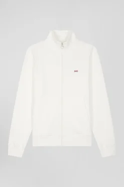 Regular ecru zipped brushed cotton fleece sweatshirt with high top collar