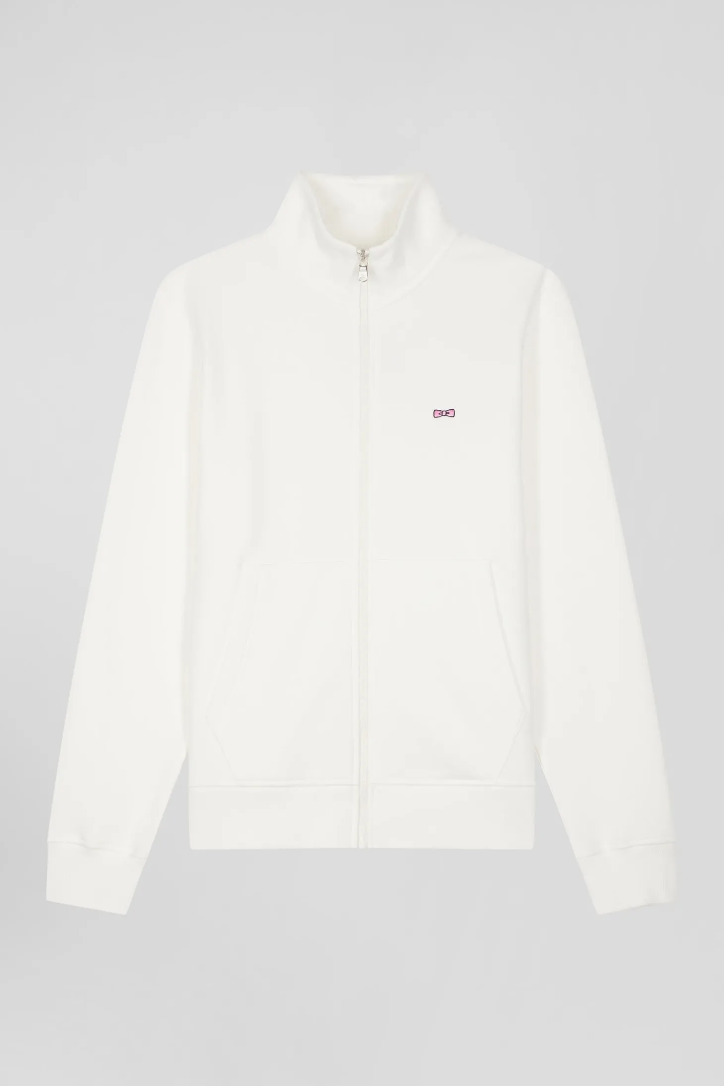 Regular ecru zipped brushed cotton fleece sweatshirt with high top collar