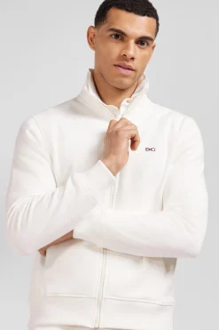 Regular ecru zipped brushed cotton fleece sweatshirt with high top collar