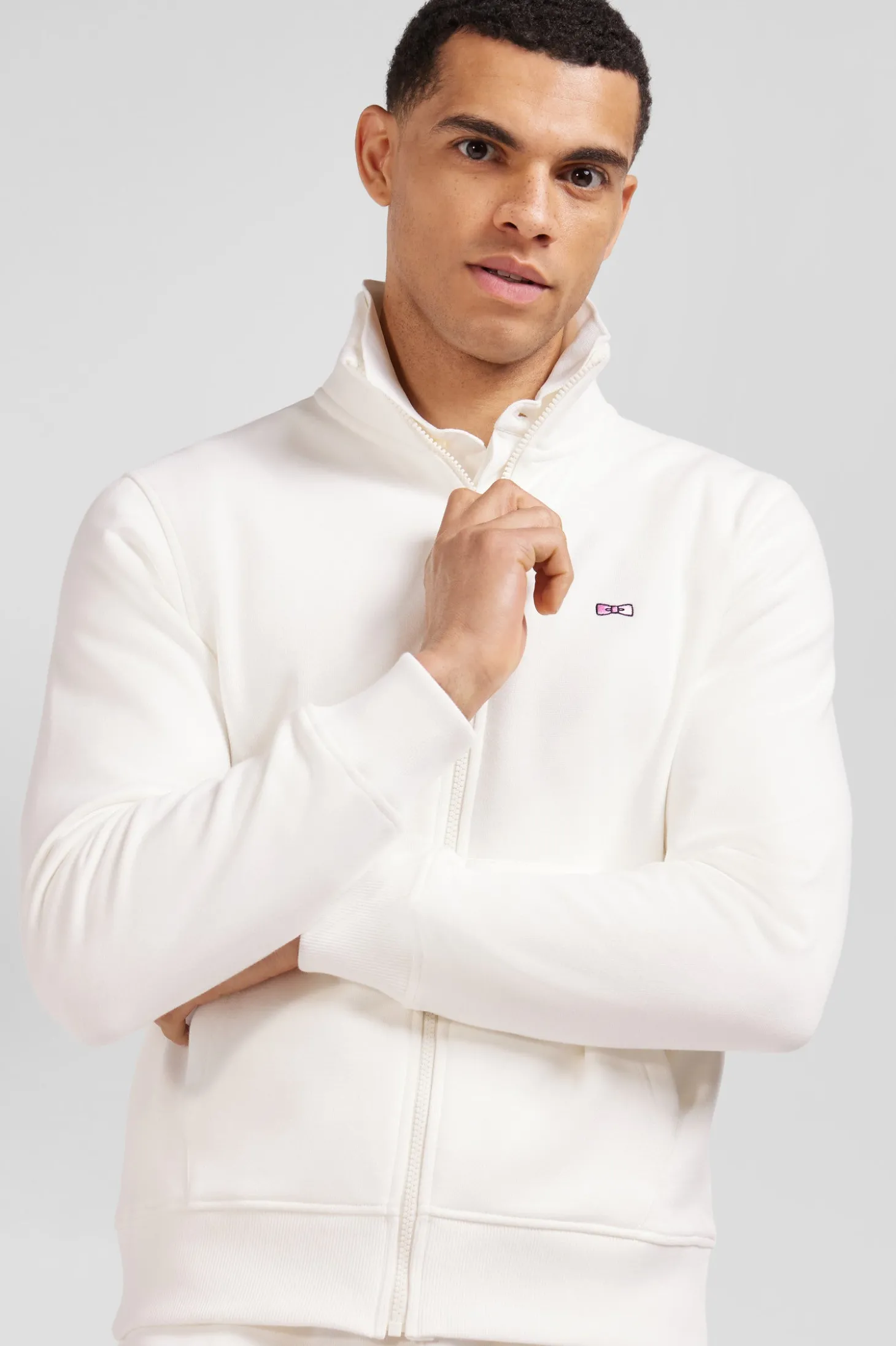 Regular ecru zipped brushed cotton fleece sweatshirt with high top collar