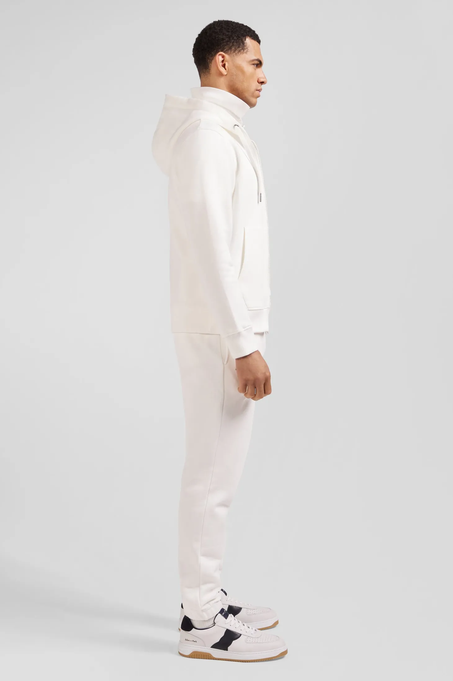 Regular ecru zipped brushed cotton fleece hoodie