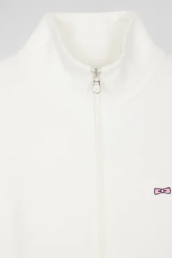 Regular ecru zipped brushed cotton fleece sweatshirt with high top collar