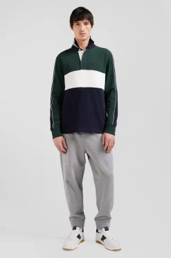 Regular green and navy blue colorblock long-sleeved cotton rugby shirt
