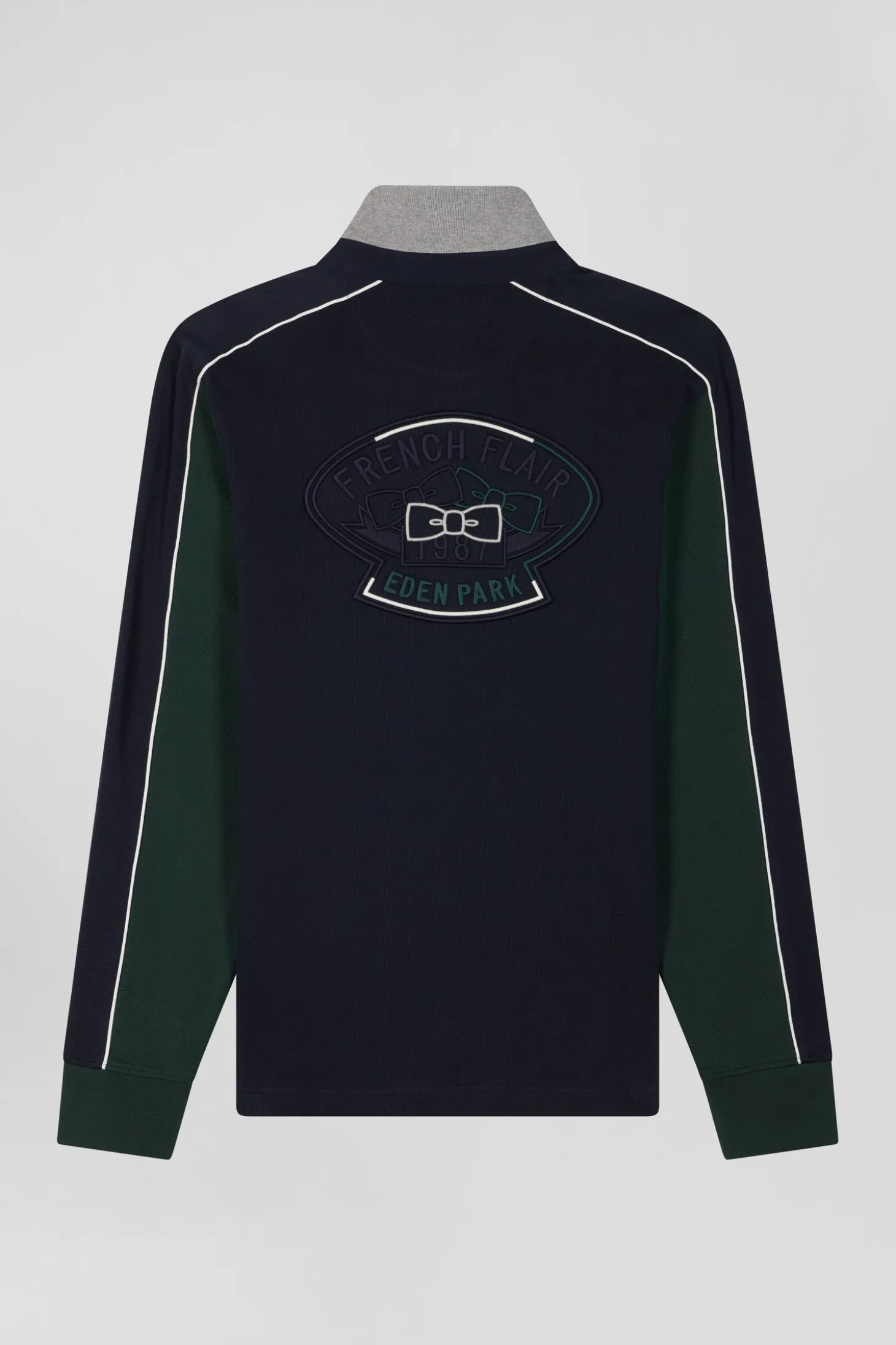 Regular green and navy blue colorblock long-sleeved cotton rugby shirt