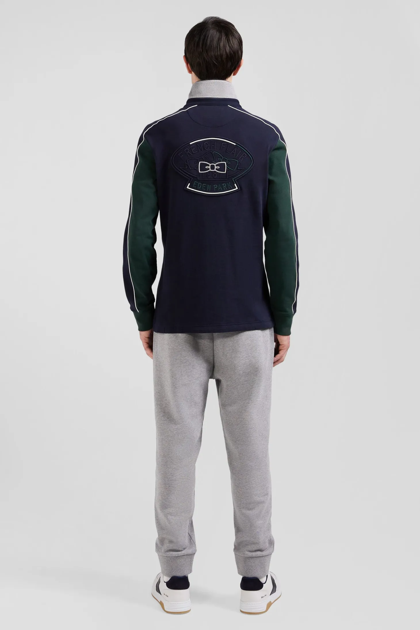 Regular green and navy blue colorblock long-sleeved cotton rugby shirt