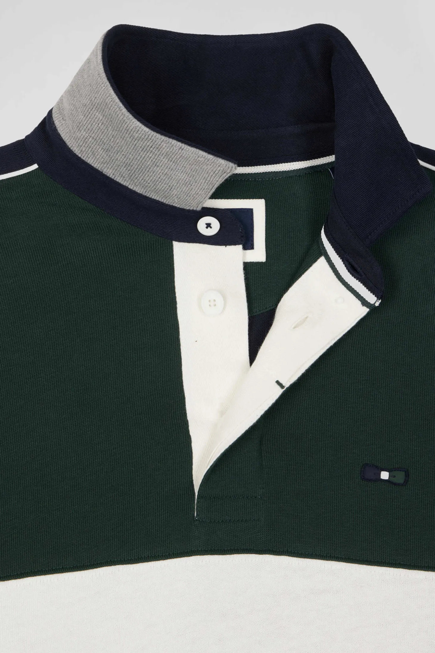 Regular green and navy blue colorblock long-sleeved cotton rugby shirt