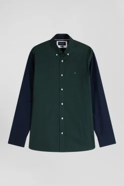 Regular green and navy oxford cotton shirt with back embroidery