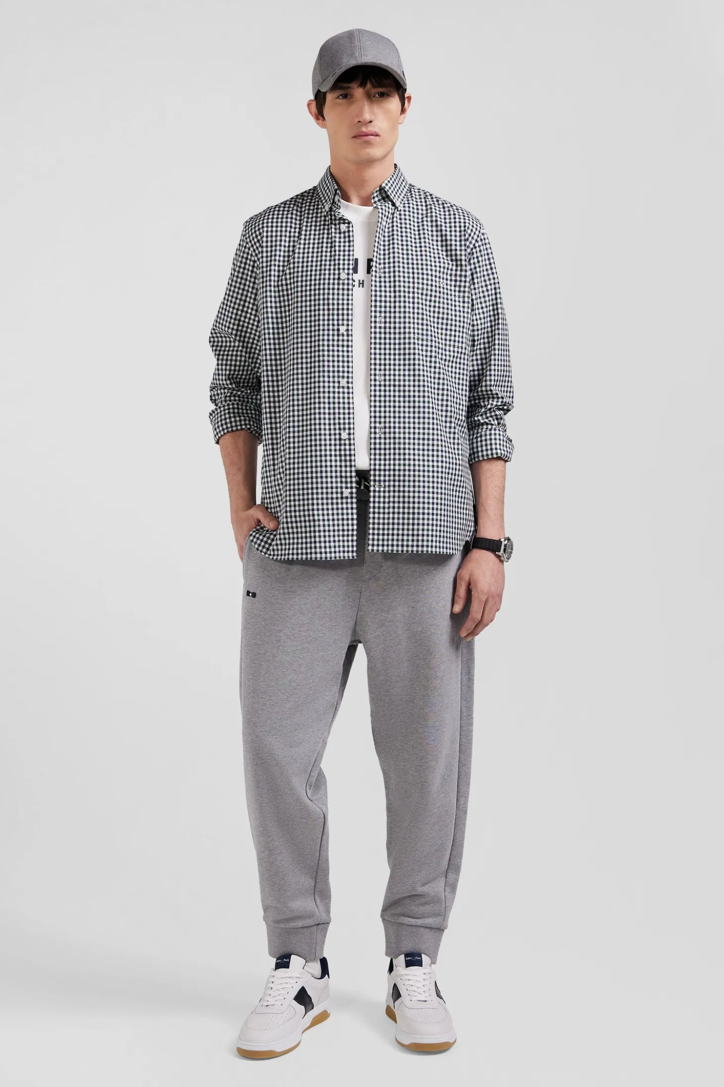 Regular green and white checked cotton poplin shirt