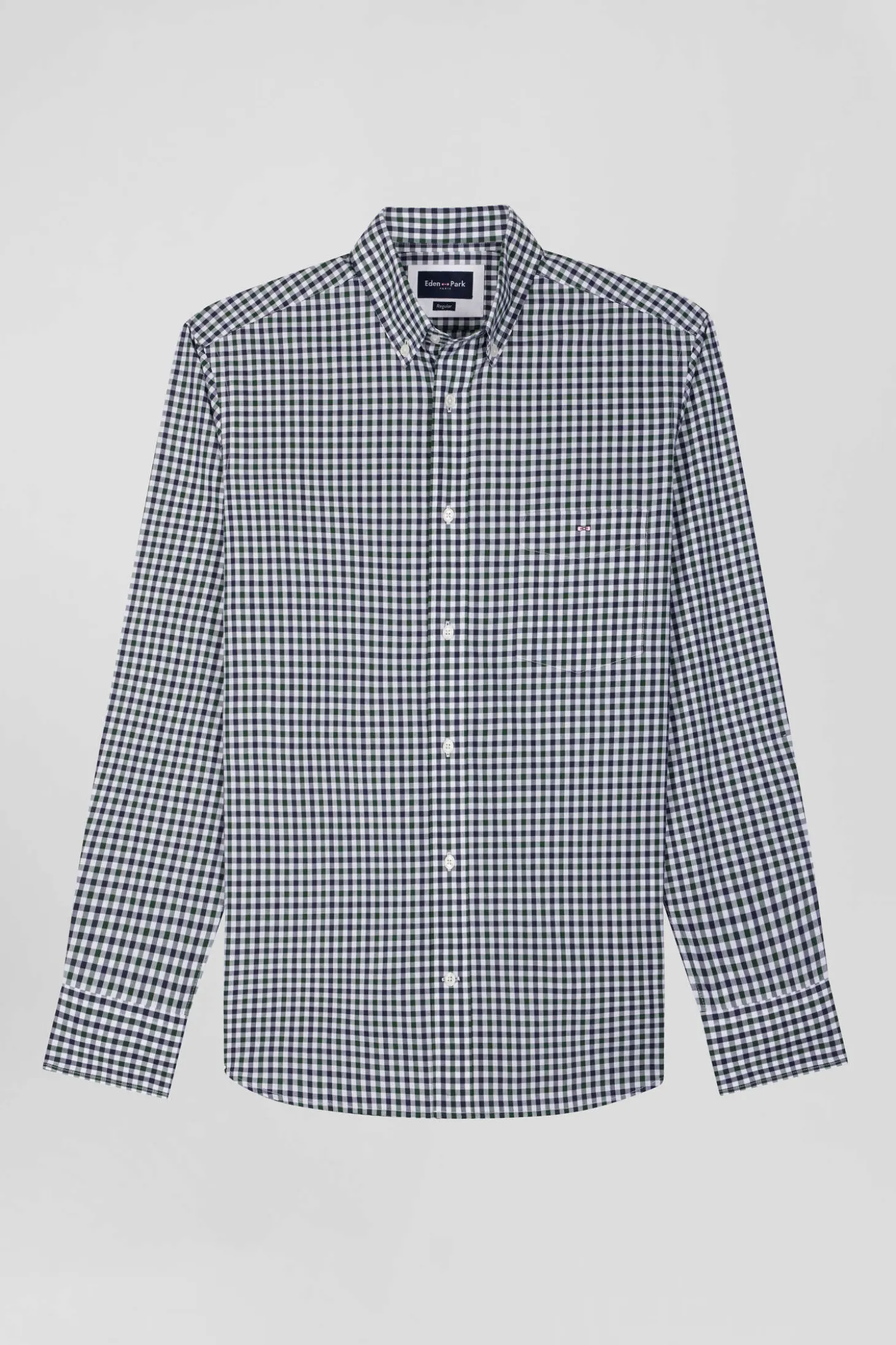 Regular green and white checked cotton poplin shirt