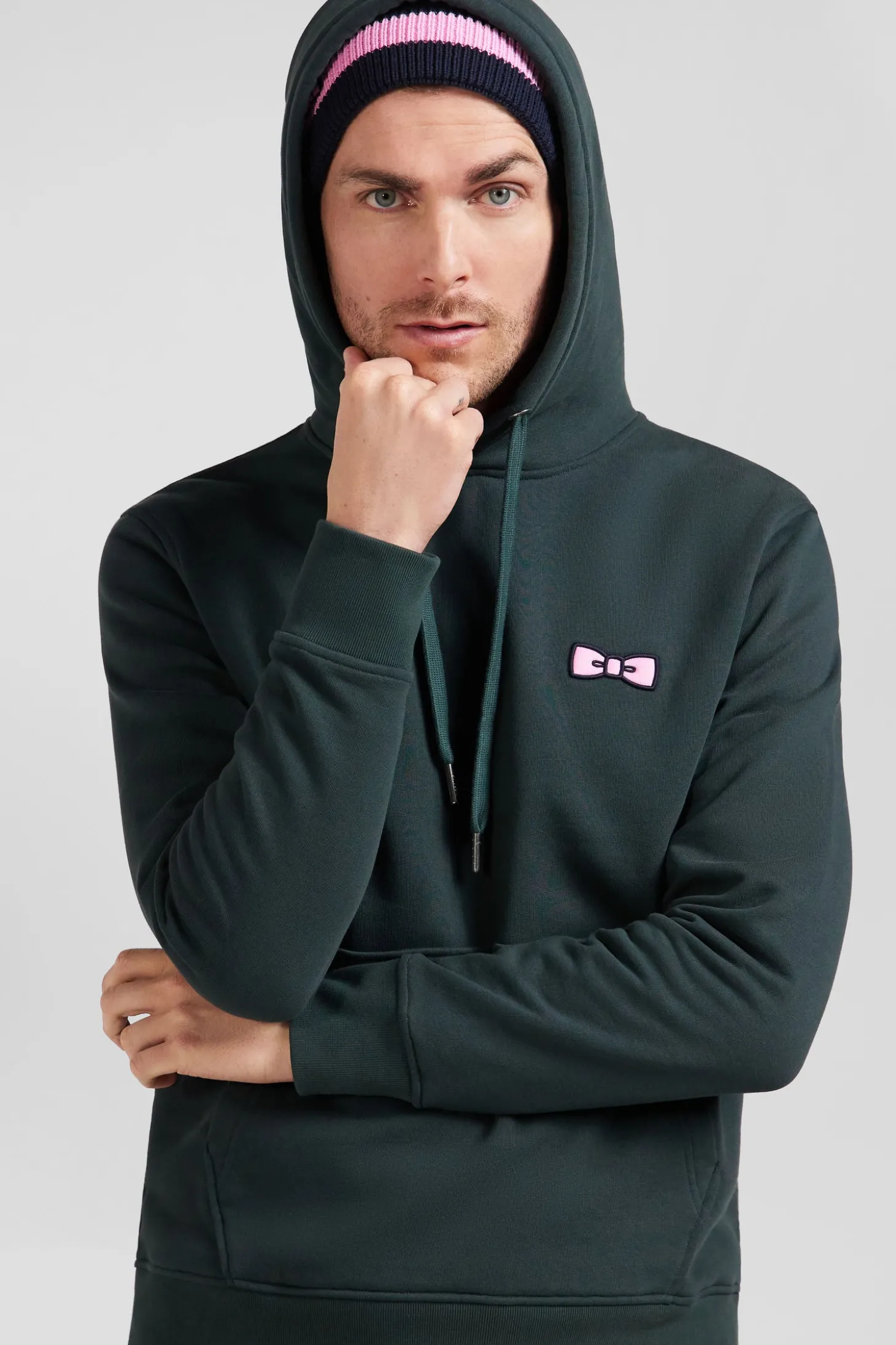 Regular green brushed cotton fleece hoodie with Eden Park embroidery