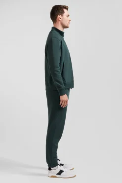 Regular green brushed cotton fleece sweatshirt with high top collar
