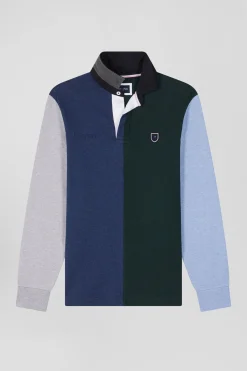 Regular green colorblock long-sleeved cotton rugby shirt