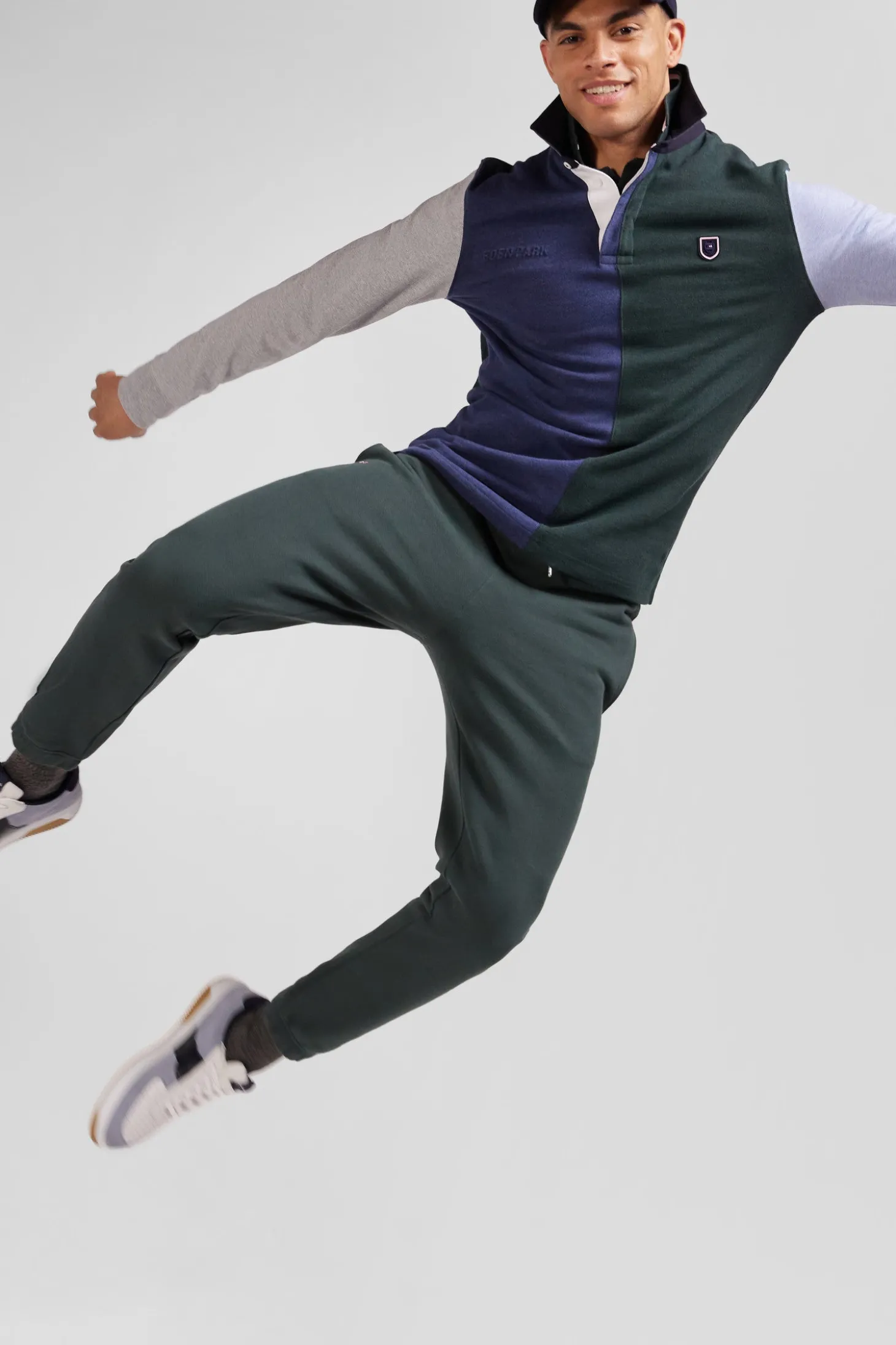 Regular green colorblock long-sleeved cotton rugby shirt