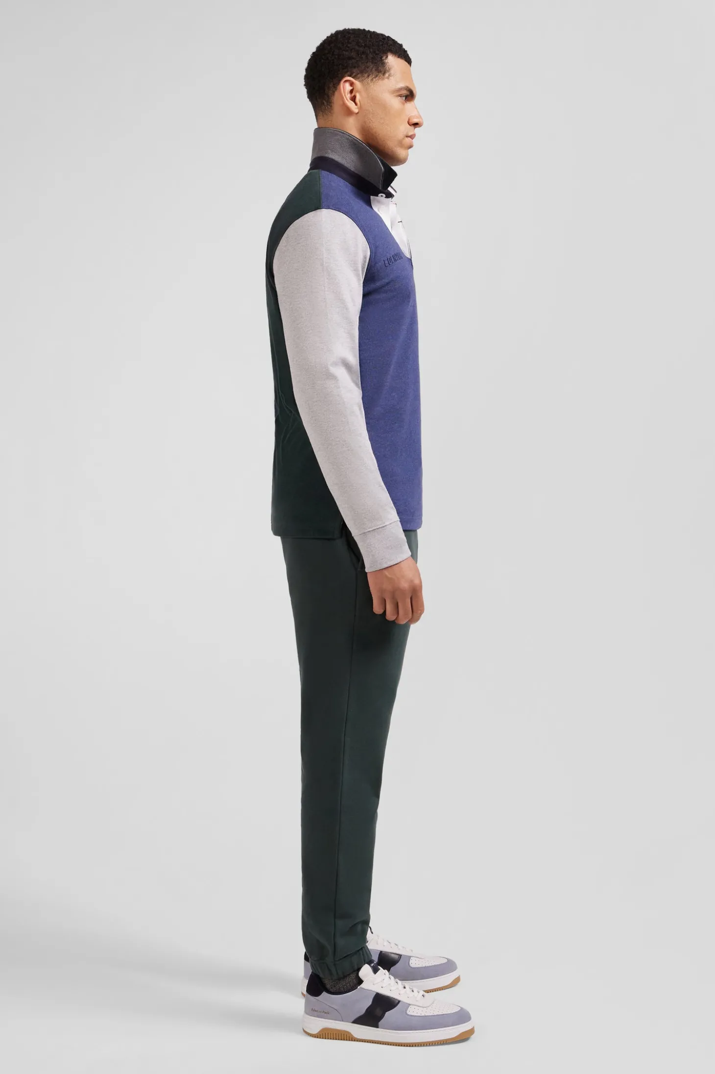 Regular green colorblock long-sleeved cotton rugby shirt