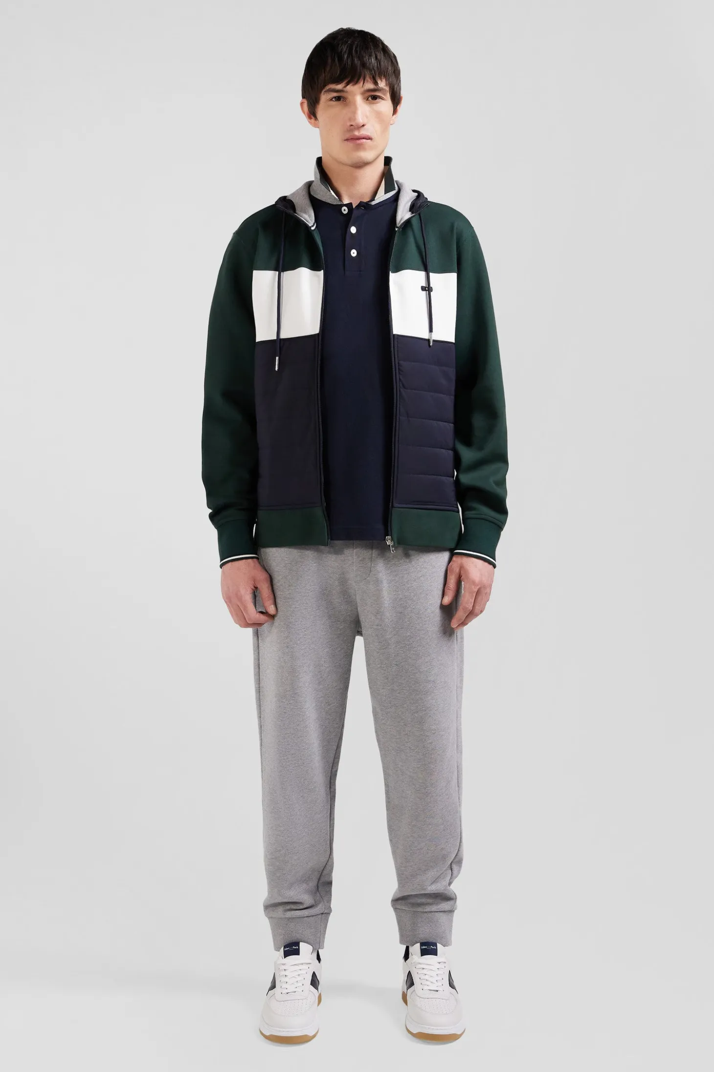 Regular green cotton blend hoodie with padded front