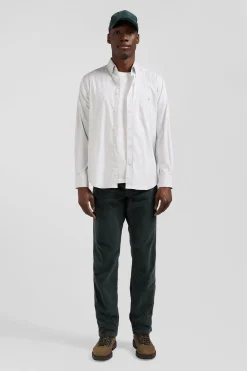 Regular green cotton poplin shirt with baton stripes