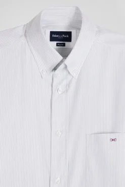 Regular green cotton poplin shirt with baton stripes